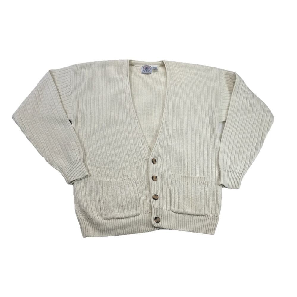 Cape Isle Knitters Cardigan Sweater Cream Cotton‎ Mens L Fishermen Knit Coastal